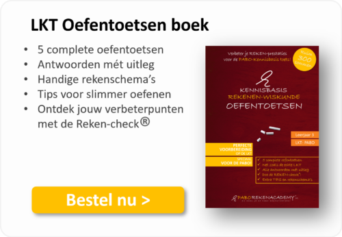 Advertentie voor het 'LKT Oefentoetsen boek' voor de PABO-kennisbasis rekenen en wiskunde, inclusief een afbeelding van de paarse cover en een gele 'Bestel nu' knop.