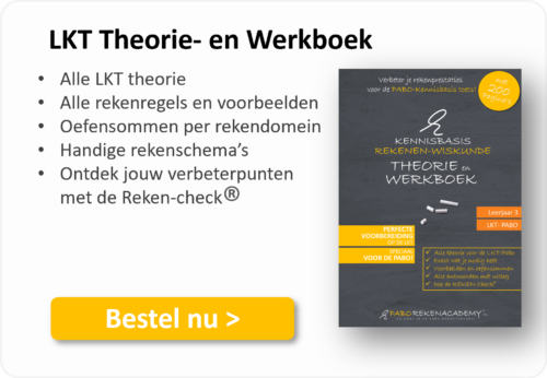 Advertentie voor het 'LKT Theorie-en Werkboek' voor de PABO-kennisbasis rekenen en wiskunde, inclusief een afbeelding van de paarse cover en een gele 'Bestel nu' knop.